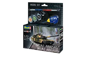 Revell 1/72 scale M1A1 AIM(SA)/M1A2 Abrams model tank starter kit box, including paints, glue, and a brush.