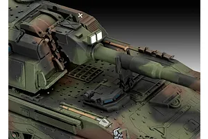 Close-up of a 1/72 scale Panzerhaubitze 2000 model tank showing the turret, main gun, and camouflage paint scheme.