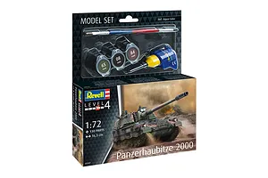 Revell 1/72 Panzerhaubitze 2000 model kit box featuring a painted howitzer on the front and included paint, glue, and brush in a blister pack.
