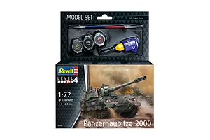 Revell 1/72 scale Panzerhaubitze 2000 model kit box showing a tank in action, including paints, glue, and a brush in a top blister pack.