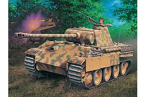 Box art illustration of a German Panther tank in a forest setting with a secondary vehicle in the background.