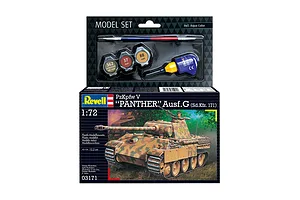Revell 1/72 scale Panther Ausf. G tank model starter kit box showing the tank illustration, paints, glue, and a paintbrush.