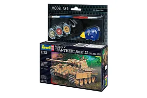 Revell 1/72 scale Panther Ausf. G plastic model tank starter kit box, including paints, glue, and a paintbrush.