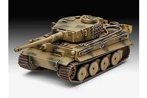 A fully assembled and painted 1/72 scale plastic model of a German PzKpfw VI Tiger tank in camouflage, shown from a high-angle front three-quarter view.