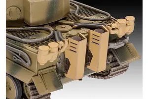Close-up of the rear engine deck and exhaust area of a painted 1/72 scale Tiger I tank model.