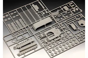 Grey plastic model kit sprues for a 1/72 scale Tiger I tank, showing various parts like wheels, tracks, and hull sections.