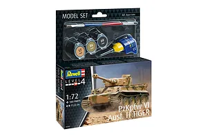 Revell 1/72 scale PzKpfw VI Ausf. H Tiger model kit box, including paints, glue, and a paintbrush.