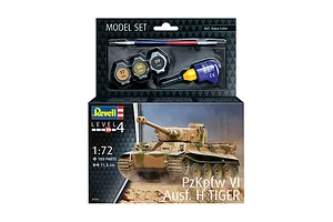 Revell 1/72 scale PzKpfw VI Ausf. H Tiger tank plastic model starter kit box showing the tank model, paints, glue, and brush.