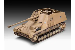 A fully assembled and painted 1/72 scale plastic model of a German Sd.Kfz. 164 Nashorn tank destroyer in a tan desert camouflage scheme.