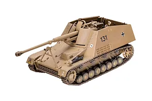 A 1/72 scale plastic model of a German Sd.Kfz. 164 Nashorn tank destroyer, painted in tan camouflage with the number 131 on the side.