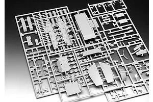 A grey plastic sprue containing various unpainted model tank parts for a 1/72 scale Revell Sd.Kfz. 164 Nashorn kit.