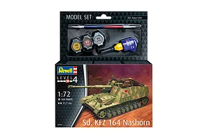 Revell 1/72 scale Sd.Kfz. 164 Nashorn plastic model kit box, including paints, glue, and a brush, displayed against a white background.