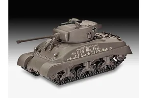 A 1/72 scale plastic model of a captured Sherman M4A1 tank painted in German markings, shown from a high-angle side view.