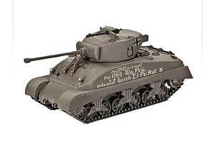A 1/72 scale plastic model of a captured Sherman M4A1 tank painted in olive drab with German markings and text on the side.