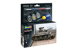 Revell 1/72 scale Sherman M4A1 plastic model tank starter kit box, including paints, glue, and a brush, displayed against a white background.