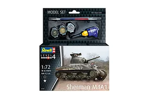 Revell 1/72 scale Sherman M4A1 plastic model tank starter kit box showing the finished model and included paints, brush, and glue.