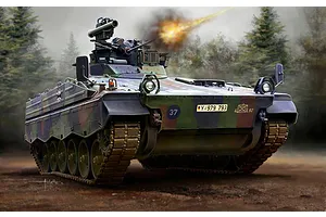 An artistic illustration of a German SPz Marder 1A3 infantry fighting vehicle firing its cannon in a forest setting.