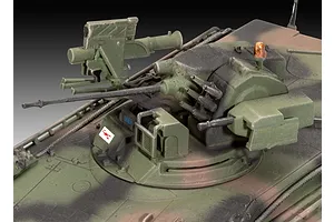 Close-up of the turret and weaponry on a 1/72 scale plastic model of a German SPz Marder 1A3 infantry fighting vehicle.