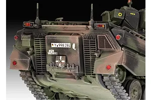 Rear view of a 1/72 scale plastic model of a German SPz Marder 1A3 infantry fighting vehicle with camouflage paint.