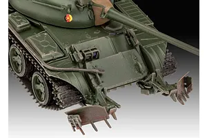 Close-up of a 1/72 scale T-55A tank model with a KMT-6 mine plow attachment, featuring green camouflage and East German markings.