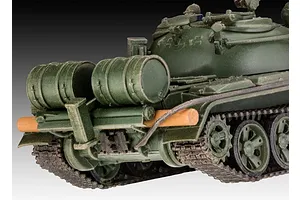 Close-up of the rear section of a green plastic model T-55 tank, showing fuel drums and a wooden log mounted on the back.