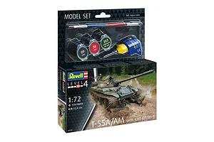 Revell 1/72 scale T-55A/AM tank model kit box featuring a painted tank illustration, including paint pots, glue, and a brush.