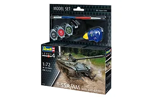 Revell 1/72 scale T-55A/AM tank model kit box with included paints, glue, and brush, featuring artwork of a tank with a mine plow.