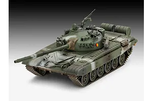 A fully assembled and painted 1/72 scale plastic model of a T-72 M1 tank, featuring a green camouflage paint scheme and East German insignia.