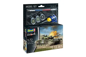 Revell 1/72 scale T-72 M1 tank plastic model kit box, including paints, glue, and a brush, displayed against a white background.