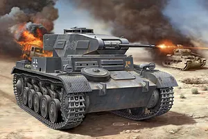 Box art illustration of a German PzKpfw II tank in a desert battlefield scene with smoke, fire, and another tank in the background.