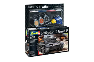 Revell 1/76 scale PzKpfw II Ausf. F plastic model tank starter kit box including paints, glue, and a brush.