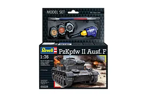 Revell 1/76 scale PzKpfw II Ausf. F plastic model tank starter kit box showing the tank, paint pots, glue, and a paintbrush.