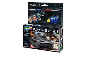 Revell 1/76 scale PzKpfw II Ausf. F plastic model tank starter kit box showing the tank, paints, glue, and a paintbrush.