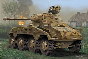 An artistic illustration of a German Sd.Kfz. 234-2 Puma armored car in a field with a commander looking through binoculars.
