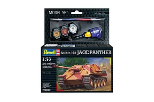 Revell 1/76 scale Sd.Kfz. 173 Jagdpanther model kit box featuring a painted tank illustration and included paint and glue accessories.
