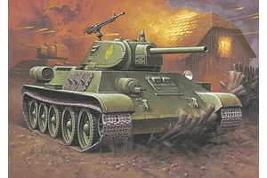 An artistic illustration of a T-34-76 tank in a battlefield scene with a burning building in the background.