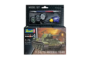 Revell 1/76 scale T-34/76 Model 1940 plastic model tank starter kit box, including paints, glue, and a paintbrush.