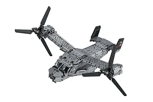 A grey Bell Boeing V-22 Osprey model aircraft built from interlocking plastic bricks, shown from a high-angle front view against a white background.