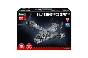 Product packaging for the Revell Brick System Bell Boeing V-22 Osprey model kit, featuring a large image of the assembled grey brick aircraft.