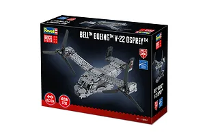 Revell Brick System Bell Boeing V-22 Osprey model kit box showing the completed grey aircraft model on a black background.