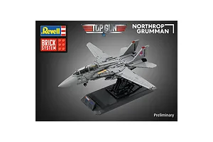 A grey brick-built model of the F-14A Tomcat fighter jet from Top Gun, mounted on a black display stand against a dark grey background.