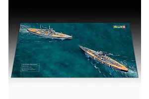 A Revell 1/1200 scale diorama model kit featuring the Bismarck and King George V battleships on a printed ocean display base.
