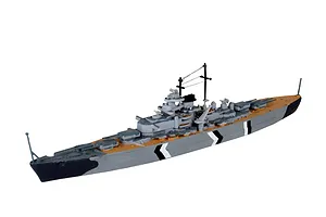 A 1/1200 scale plastic model of the German battleship Bismarck, featuring grey hull, tan deck, and black and white camouflage markings.