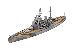 A high-angle studio shot of a 1/1200 scale plastic model of the battleship Bismarck, featuring grey hull camouflage and a tan deck.
