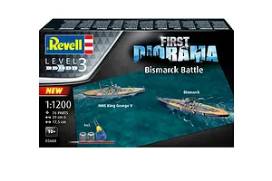 Revell 1/1200 scale First Diorama Bismarck Battle model kit box showing HMS King George V and Bismarck battleships on water.
