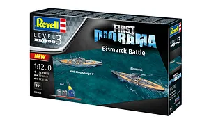 Revell 1/1200 scale First Diorama Bismarck Battle model kit box showing HMS King George V and Bismarck battleships on a water background.