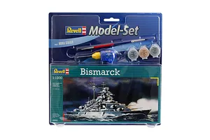 Revell 1/1200 scale Bismarck battleship plastic model starter kit in blister packaging with included paint, glue, and brush.