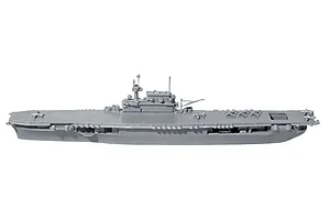A side-view of an unpainted grey plastic model of the USS Enterprise CV-6 aircraft carrier on a white background.
