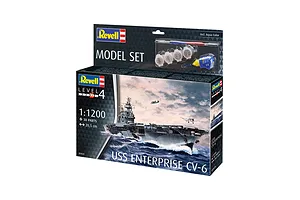 Revell 1/1200 scale USS Enterprise CV-6 model kit box showing the ship at sea, including paints, brush, and glue.