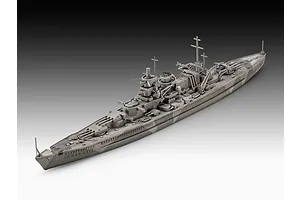 A high-angle studio shot of a 1/1200 scale Revell Gneisenau battleship plastic model, showing the grey camouflaged hull and detailed deck structures.
